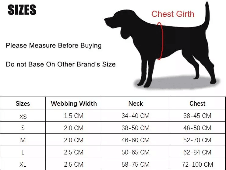 Size chart of the Petsasa No Pull Reflective Front Clip Dog Harness