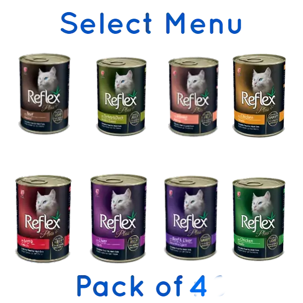 Buy 4 pack Reflex Plus Cat Can Food, Beef, Liver, Lamb, Turkey, Duck, Salmon in Gravy, Jelly or Loaf Pate in Nairobi Pet store Kenya