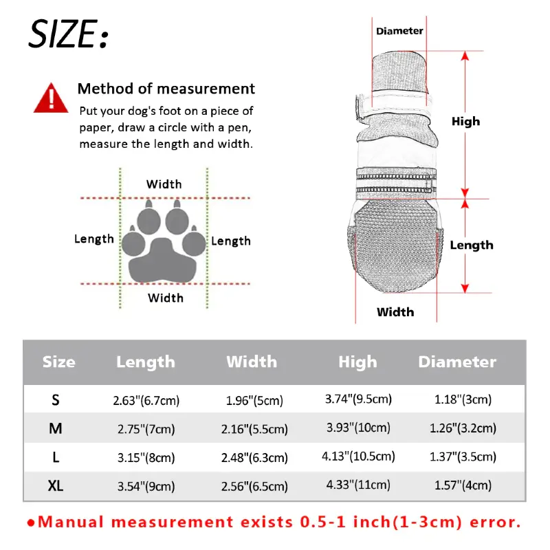 Size Guide Paw Protector Waterproof Dog Boots for small, medium and large dogs