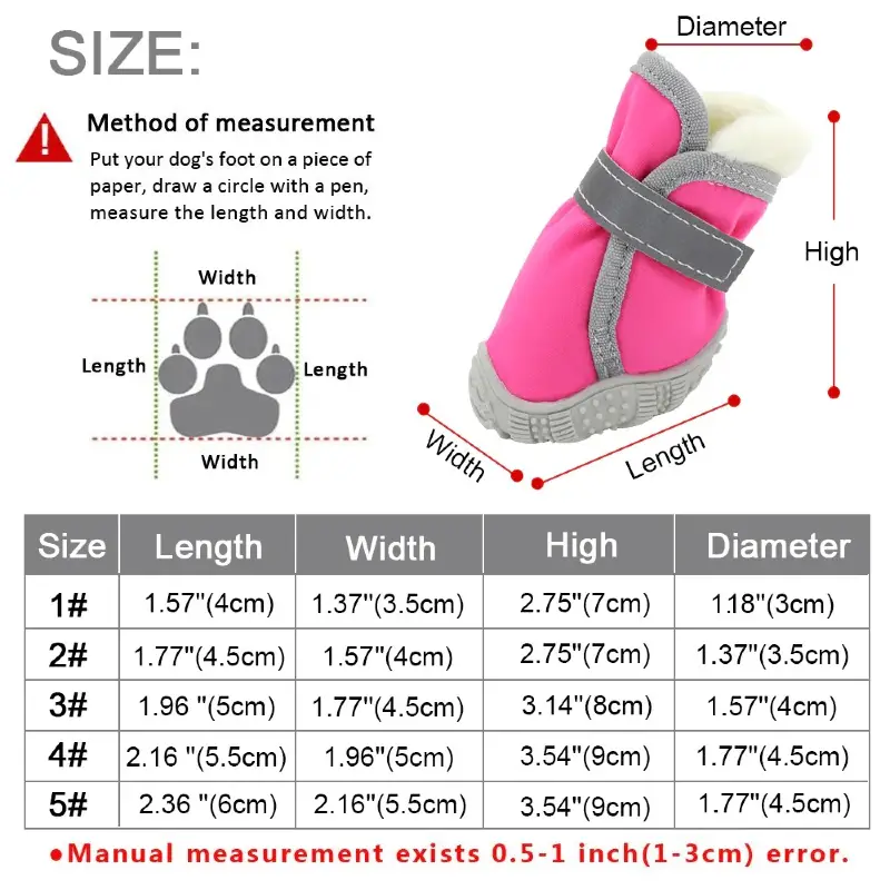 Size Guide for Fashion Bootie Warm Dog Boots at Petsasa Kenya