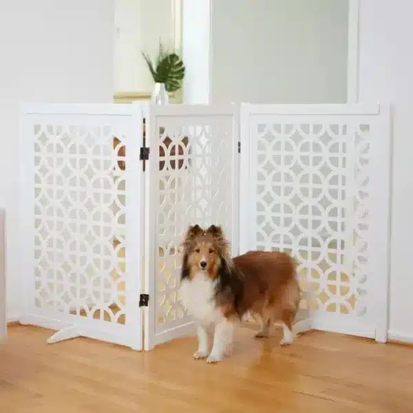 Deco Circles Pattern Freestanding Foldable Wooden Dog Gate